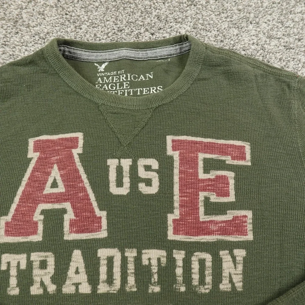 American Eagle‎ Shirt Mens L Green Waffle Knit Thermal Crewneck Logo Preppy Y2K